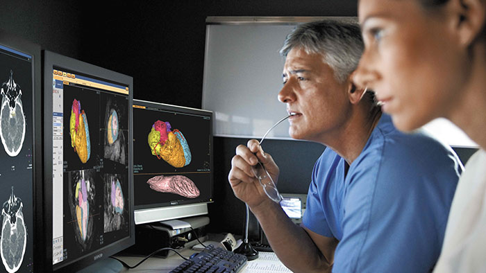 Medisch specialisten bestuderen cardiologische scanbeelden