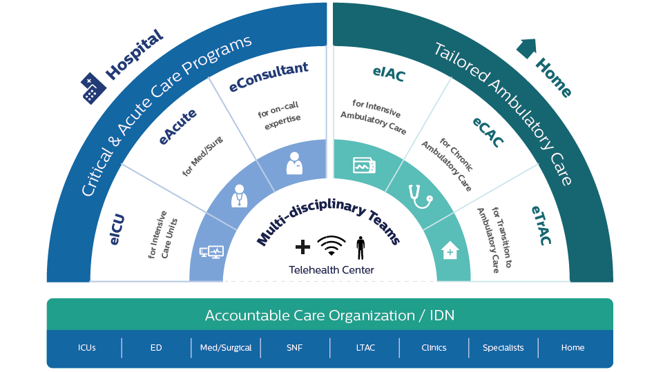Infographie montrant les programmes de telesante en milieu hospitalier et a domicile pour les organisations