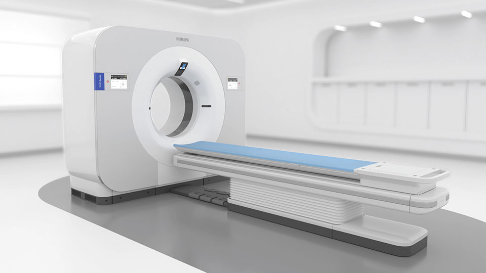 Philips Spectral CT 7500 system with callouts to spectral detector, patient table, 80 cm bore, gantry touch-panel control