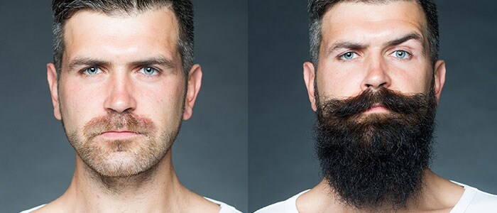 Twee afbeeldingen van dezelfde man op een grijze achtergrond: links heeft hij een korte baard, rechts een zeer lange baard.