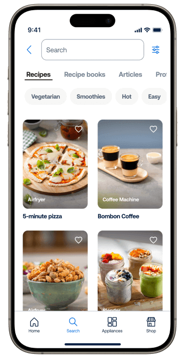 Smartphone met scherm van HomeID met verschillende recepten