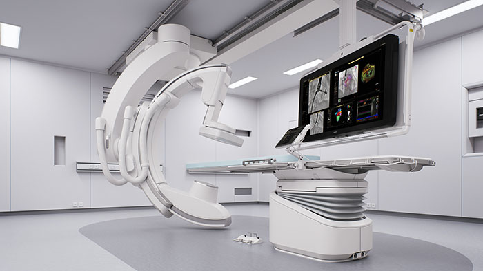 Philips Azurion with FlexArm with screen showing TAVI procedure